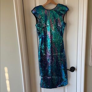 Vintage Casadei Iridescent Sequin Cap Sleeve Midi Dress -Blue Green Hummingbird